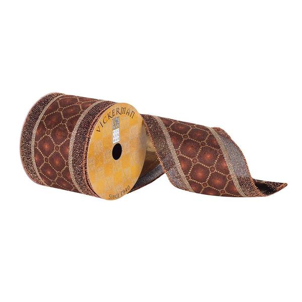 4" x 10Yd Chocolate and Mocha Diamond Pattern with Gold Stripes Ribbon