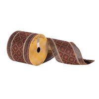 Vickerman 4" x 10Yd Chocolate and Mocha Diamond Pattern with Gold Stripes Ribbon
