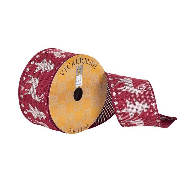 2.5" x 10Yd Red with White Trees and Reindeer Ribbon