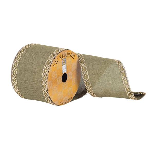 4" x 10Yd Green Dupion with Gold Swirl Edge Ribbon
