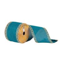 Vickerman 3.75" x 10Yd Turquoise Dupion with Gold Swirl Edge Ribbon