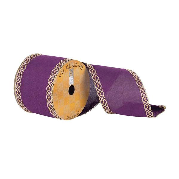 3.75" x 10Yd Plum Dupion with Gold Swirl Edge Ribbon