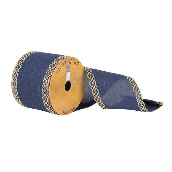 3.75" x 10Yd Blue Dupion with Gold Swirl Edge Ribbon
