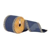 Vickerman 3.75" x 10Yd Blue Dupion with Gold Swirl Edge Ribbon