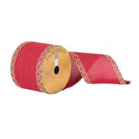 Vickerman 3.75" x 10Yd Red Dupion with Gold Swirl Edge Ribbon