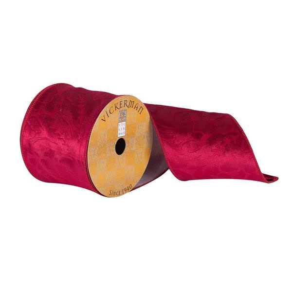4" x 10Yd Red Woven Leaf Pattern Ribbon