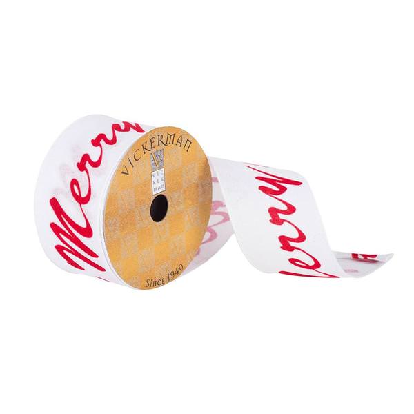 2.5" x 10Yd White Dupion with Red Merry Xmas Typography Ribbon