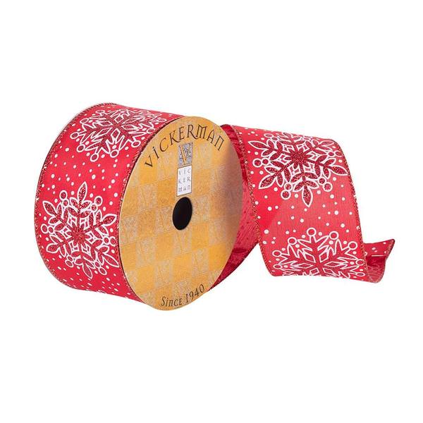2.5" x 10Yd Red Dupion with Glitter Snowflake Pattern Ribbon