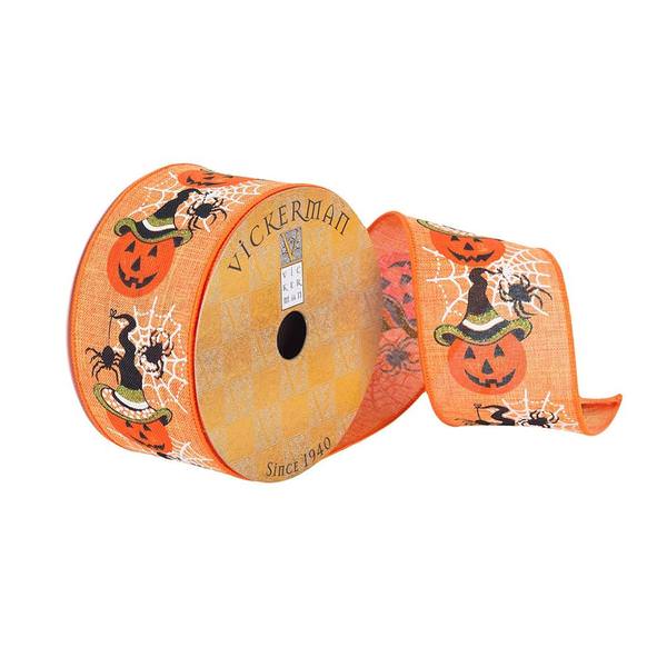 2.5" x 10Yd Orange Pumpkin / Spider / Web Pattern Ribbon