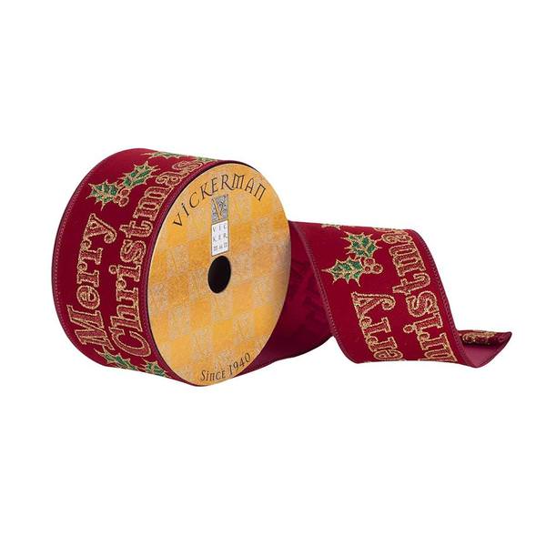 2.5" x 10Yd Burgundy Merry Xmas Holly Glitter Ribbon