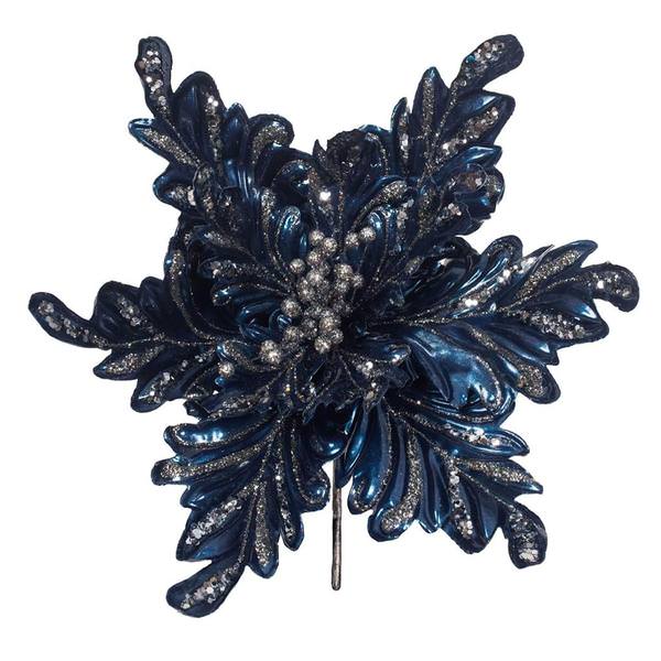 17" Artificial Blue Pearl Glitter Poinsettia Flower (3 pack)
