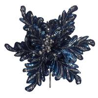 Vickerman 17" Artificial Blue Pearl Glitter Poinsettia Flower (3 pack)
