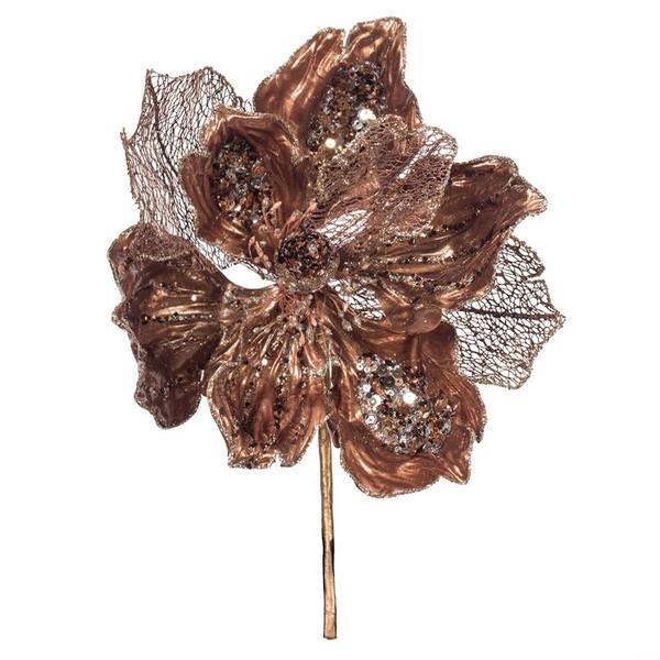 14" Artificial Chocolate Pearl Glitter Magnolia Flower (3 Pack)