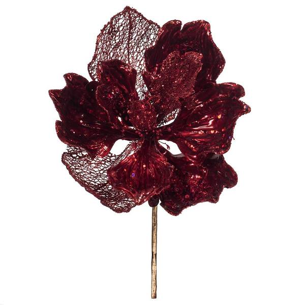14" Artificial Red Pearl Glitter Magnolia Flower (3 Pack)