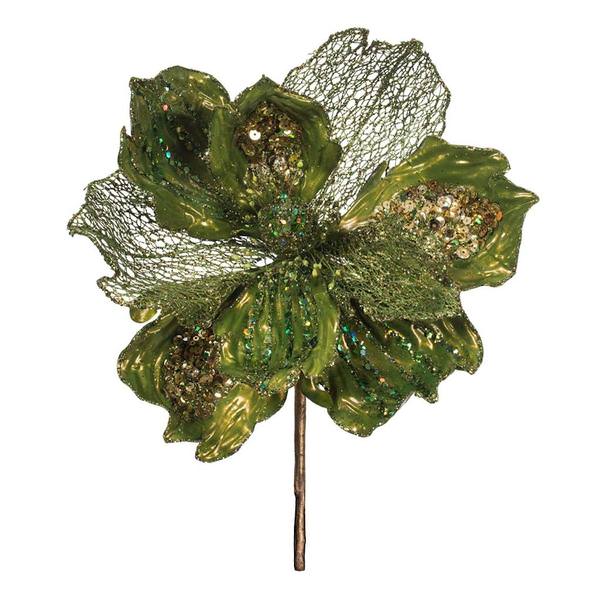 14" Artificial Lime Pearl Glitter Magnolia Flower (3 Pack)