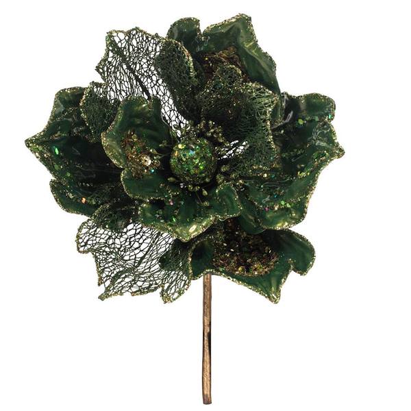 14" Artificial Green Pearl Glitter Magnolia Flower (3 Pack)