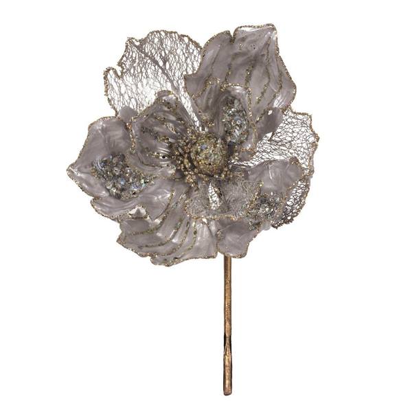 14" Artificial Silver Pearl Glitter Magnolia Flower (3 Pack)