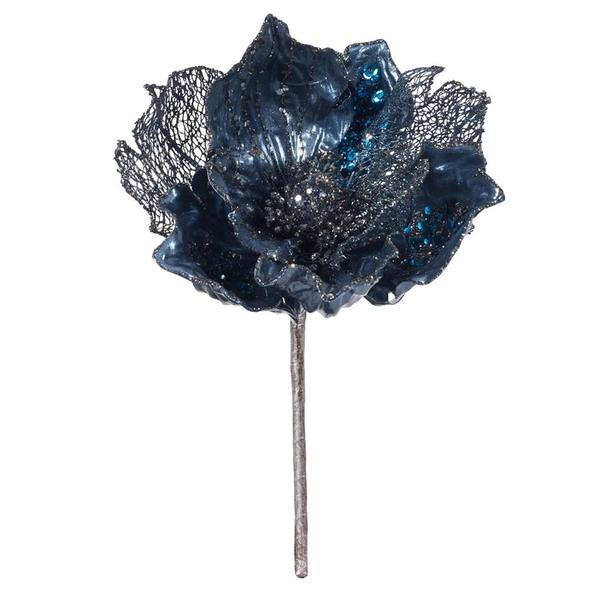 14" Artificial Turquoise Pearl Glitter Magnolia Flower (3 Pack)