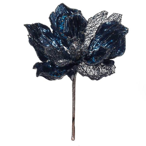 14" Artificial Blue Pearl Glitter Magnolia Flower (3 Pack)