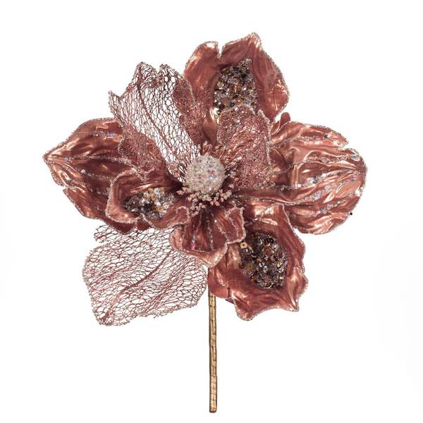 14" Artificial Rose Gold Pearl Glitter Magnolia Flower (3 Pack)