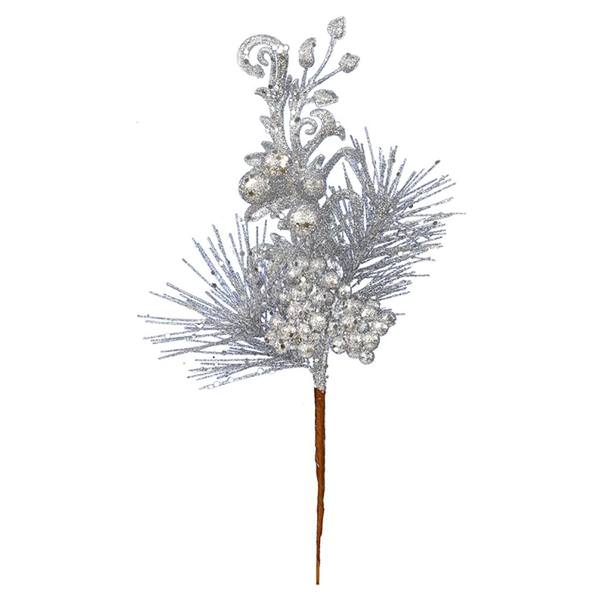 10" Silver Berry Glitter Leaf Pick (12 pack)