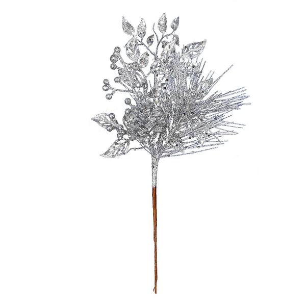 10" Silver Pinecone Glitter Leaf Pick (12 pack)