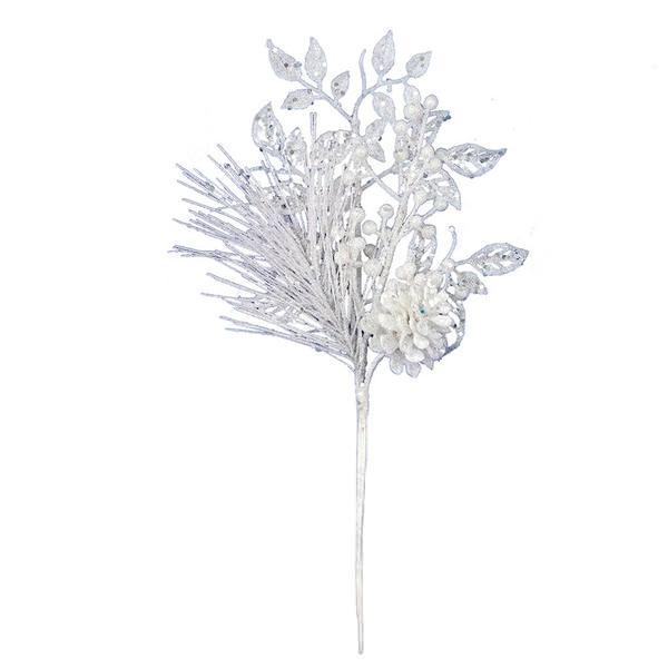 10" White Pinecone Glitter Leaf Pick (12 pack)