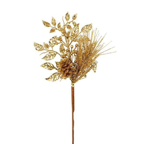 10" Antique Gold Pinecone Glitter Leaf Pick (12 pack)