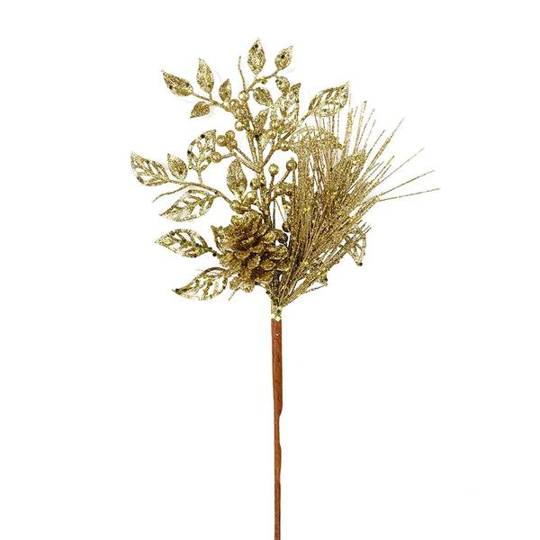 10" Champagne Pinecone Glitter Leaf Pick (12 pack)