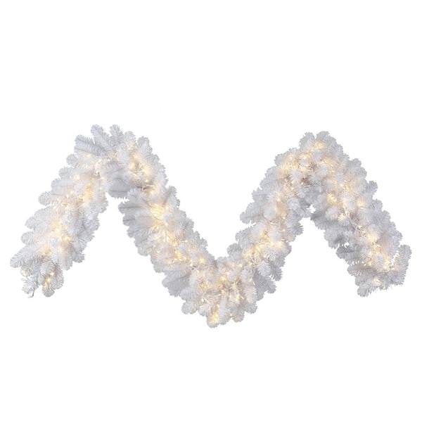 9' x 18" Artificial White Garland 220 Warm White LED Lights
