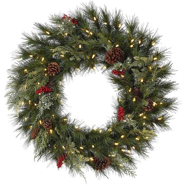 24" Artificial Grove Mixed Pine Berry Pinecone Wreath 50 Warm White LED Lights