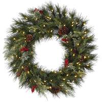 Vickerman 30" Artificial Grove Mixed Pine Berry Pinecone Wreath 100 Warm White LED Lights