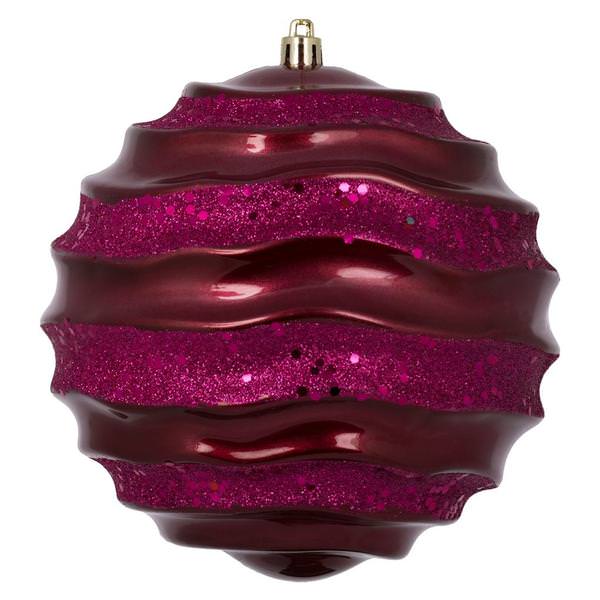 6" Berry Red Candy Glitter Wave Ball Ornament