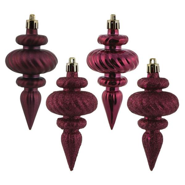 4" Berry Red 4 Assorted Finish Finial Ornament (8 pack)