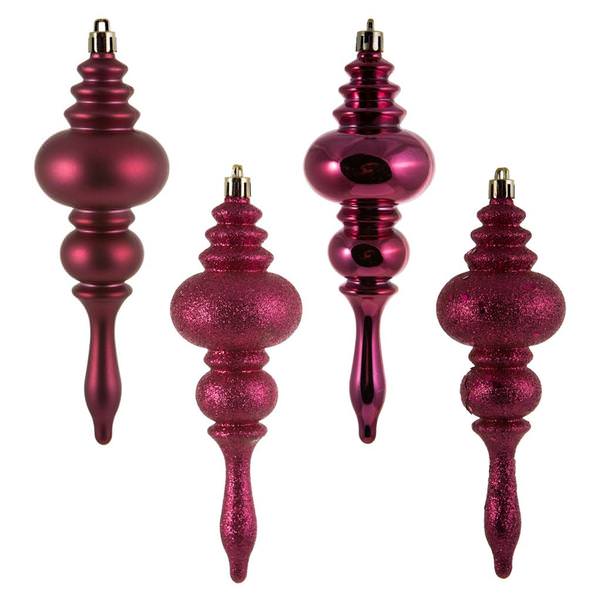 7" Berry Red 4 Assorted Finish Finial Ornament (8 pack)