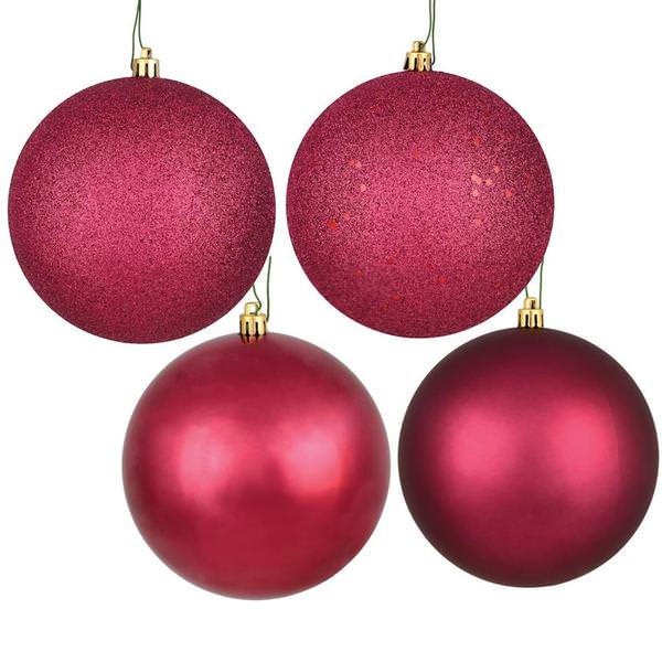 12" Berry Red 4 Finish Matte / Shiny / Sequin / Glitter Ball Ornament (set of 4)