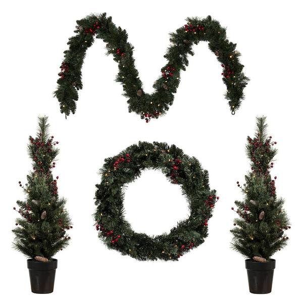Artificial Lit Potted Christmas Tree, Lit Rectangle Wreath, Lit Garland Front Door Set (Set of 4)