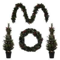 Vickerman Artificial Lit Potted Christmas Tree, Lit Rectangle Wreath, Lit Garland Front Door Set (Set of 4)