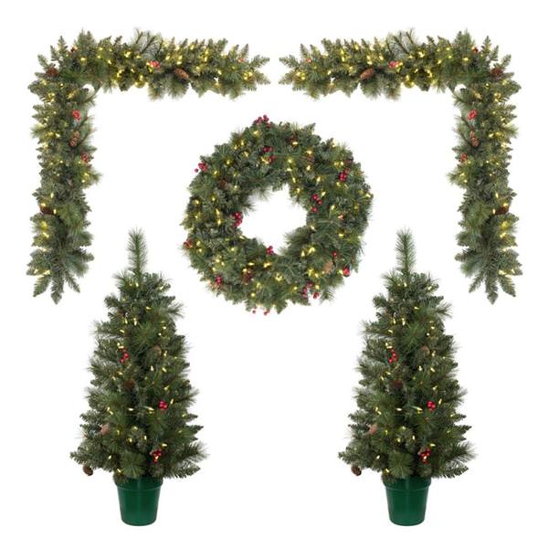 Artificial Lit Potted Christmas Tree, Lit Wreath, Lit Garland Front Door Set (Set of 5)