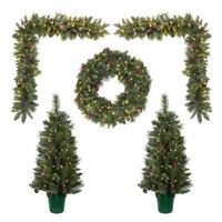 Vickerman Artificial Lit Potted Christmas Tree, Lit Wreath, Lit Garland Front Door Set (Set of 5)