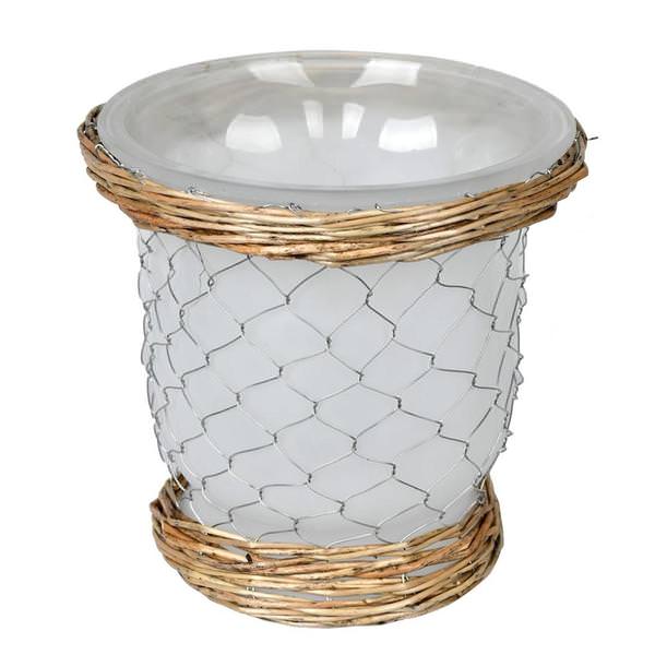 7.3" Frosted Glass Vase with Chicken Wire