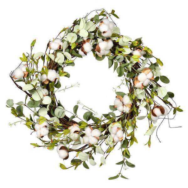 24" Artificial White Cotton Mixed Greenery Wreath