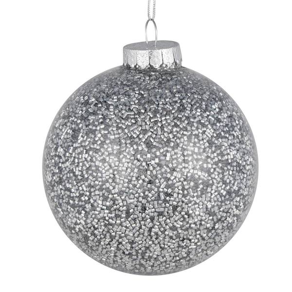 6" Silver Tinsel Clear Ball Ornament (4 pack)
