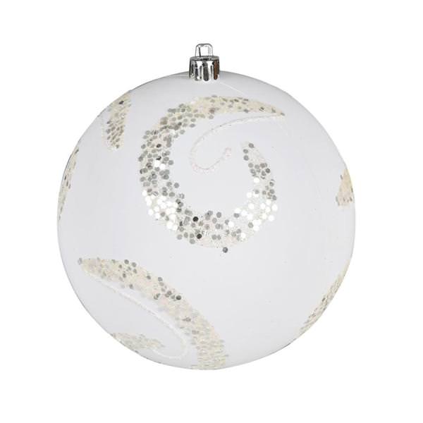 4" White Matte Sequin Swirl Ball Ornament (6 pack)