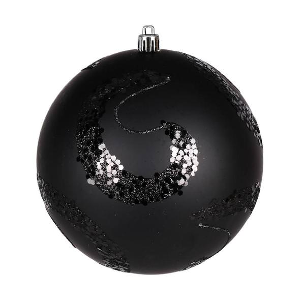 4" Black Matte Sequin Swirl Ball Ornament (6 pack)