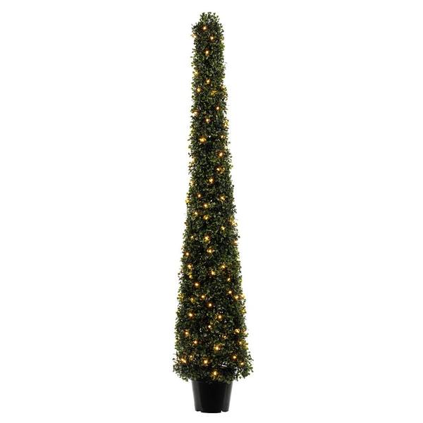 5' Artificial Potted Boxwood Cone 150 Warm White LED Lights
