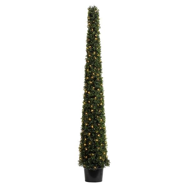 6' Artificial Potted Boxwood Cone 200 Warm White LED Lights