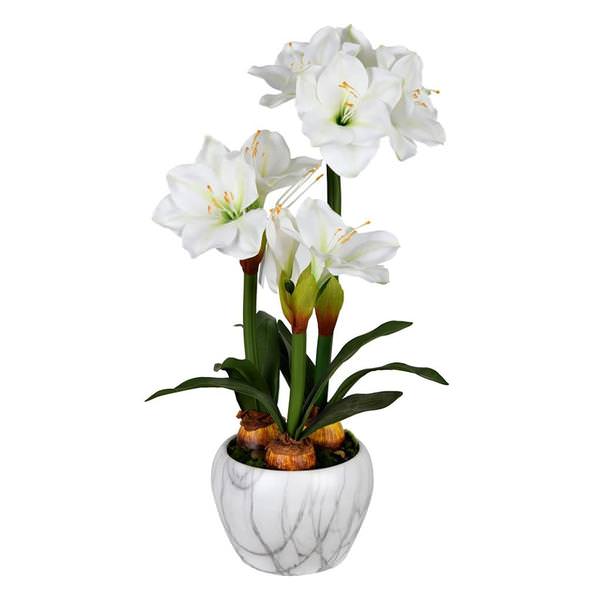25" Artificial White Amaryllis in White Marbled Clay Pot
