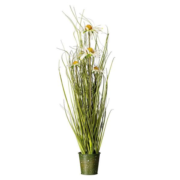 24" Artificial Green Daisy Grass in Iron Pot