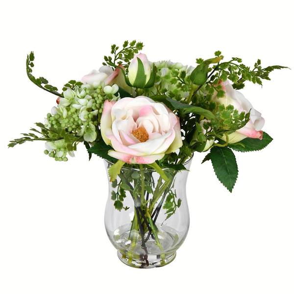 11" Artificial Pink Rose in Glass Pot